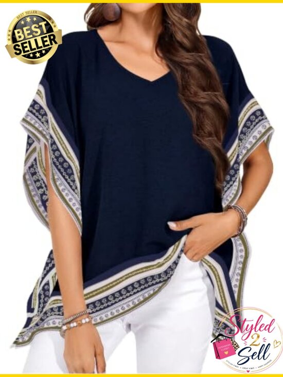 Tops - Womens Batwing Short Sleeve V Neck Floral Flowy Boho Top